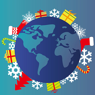 A blue globe is outlined with holiday icons and snowflakes.