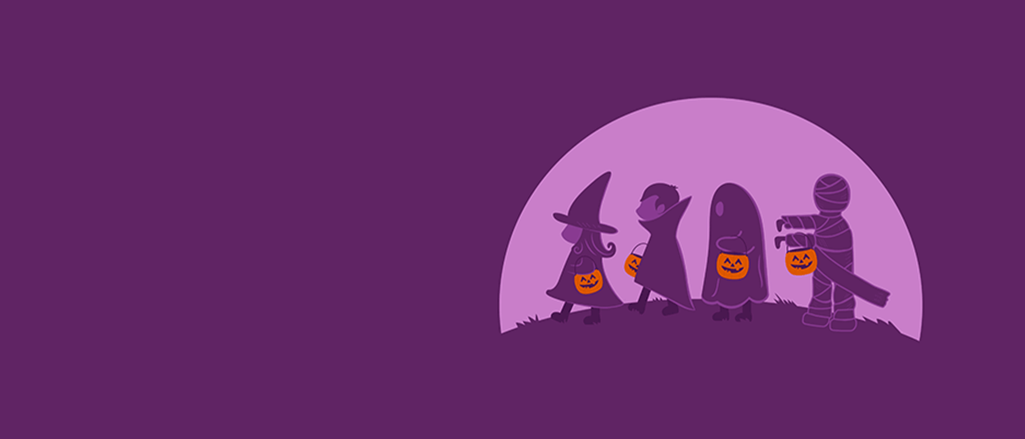 Illustration of children dressed in Halloween costumes, including a mummy, ghost, witch, and vampire. They are holding pumpkin-shaped candy buckets while walking under a purple moonlit sky. The scene evokes a playful and spooky Halloween atmosphere.