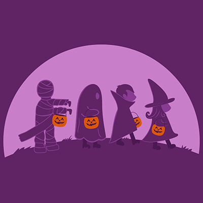 Illustration of children dressed in Halloween costumes holding pumpkin buckets. The setting features a purple background. The mood is playful and spooky, with vibrant orange and purple tones.